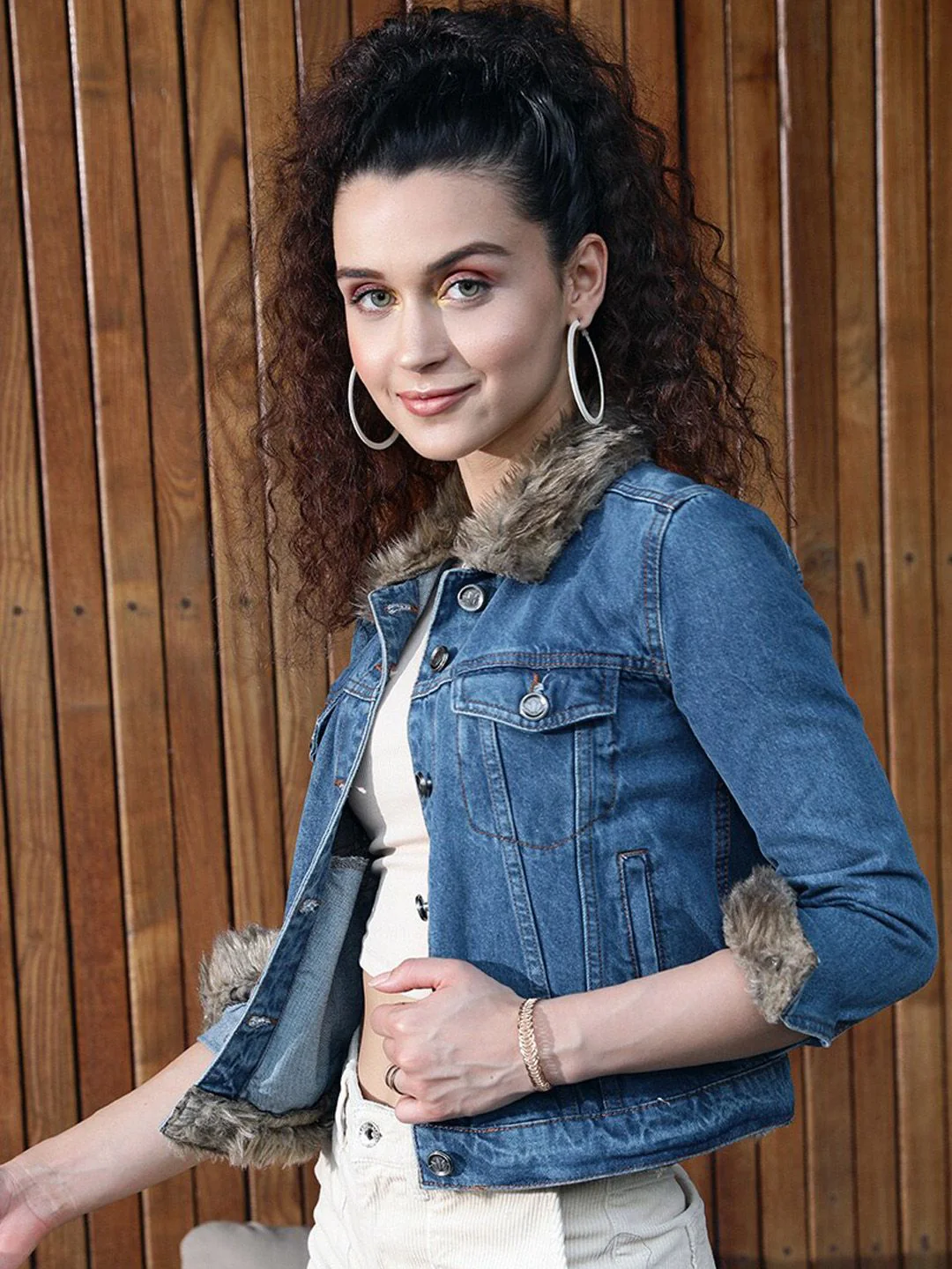 STREET 9 Women Blue Brown Cotton Denim Jacket - Image 3