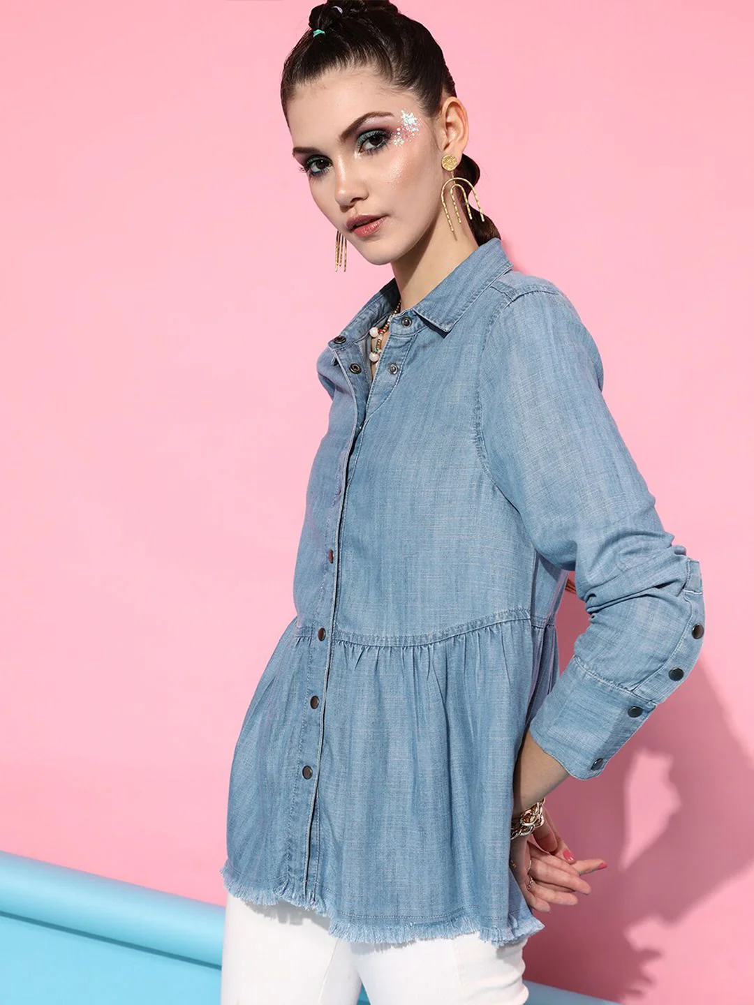 STREET 9 Women Blue Classic Casual Shirt - Image 3