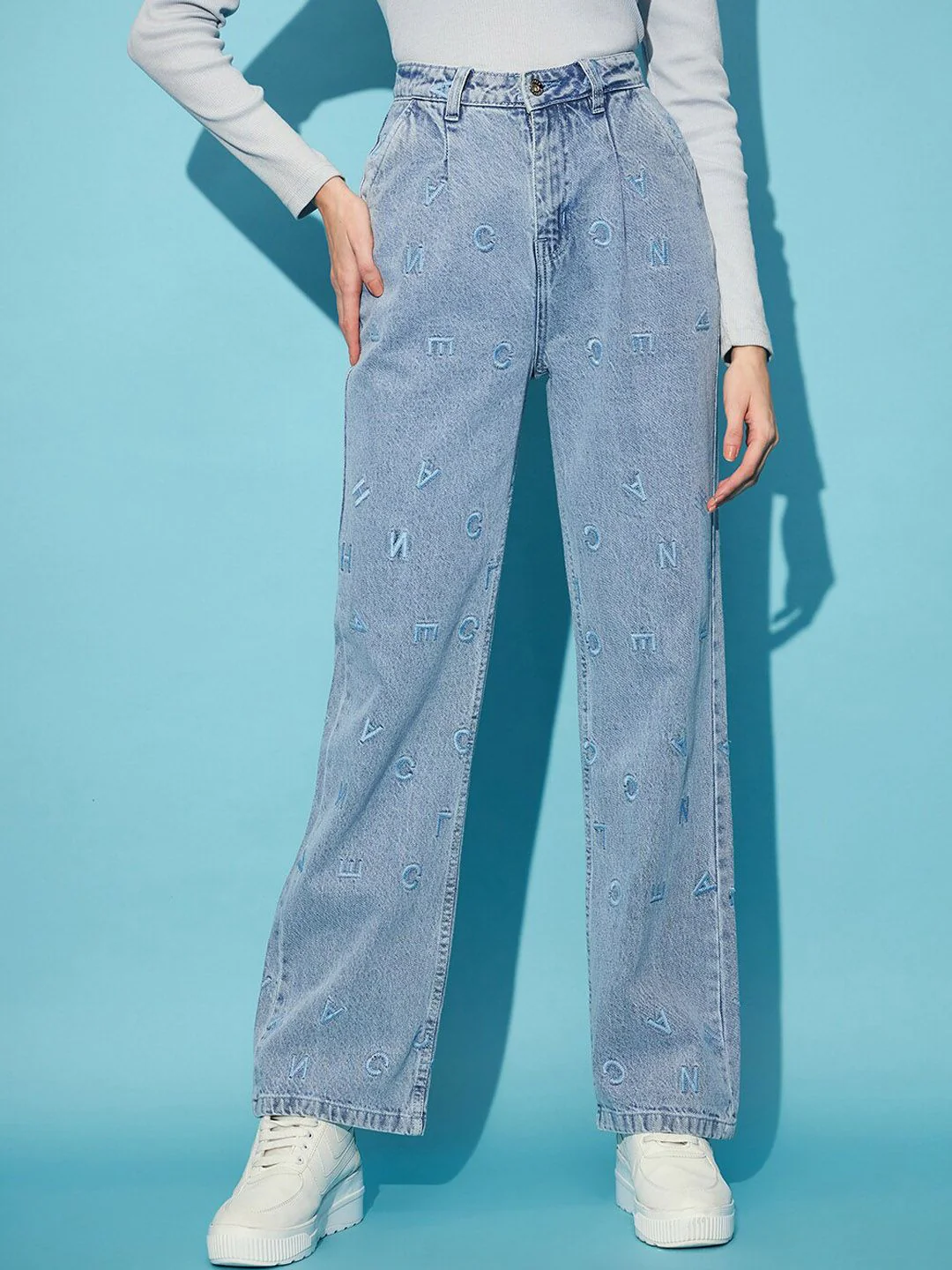STREET 9 Women Blue Embroidered Clean Look Straight Fit High-Rise Pure Cotton Jeans