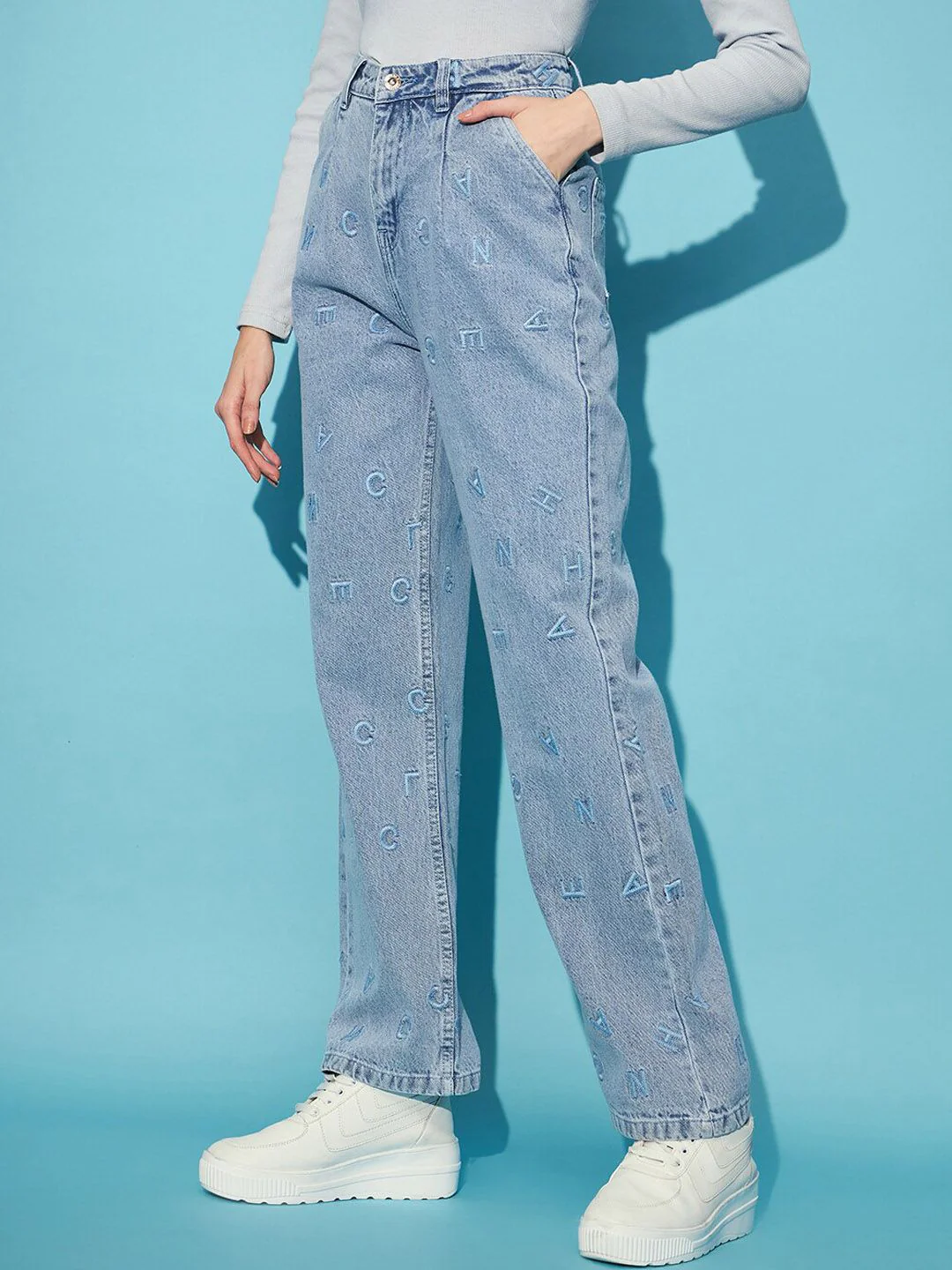 STREET 9 Women Blue Embroidered Clean Look Straight Fit High-Rise Pure Cotton Jeans - Image 2