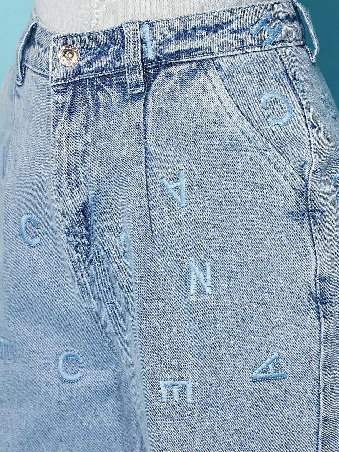 STREET 9 Women Blue Embroidered Clean Look Straight Fit High-Rise Pure Cotton Jeans - Image 6