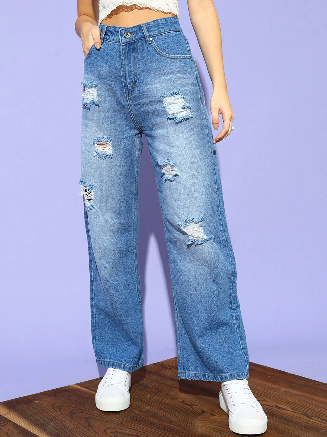 STREET 9 Women Blue Flared High-Rise Highly Distressed Heavy Fade Jeans