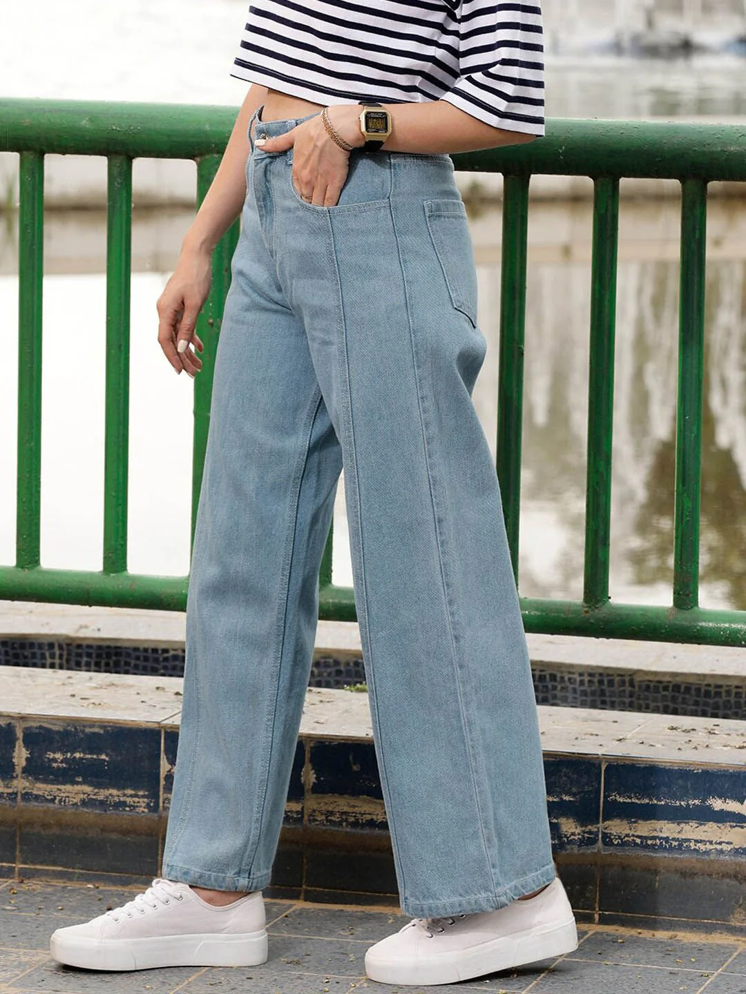STREET 9 Women Blue Urban Wide Leg Pure Cotton Jeans - Image 2