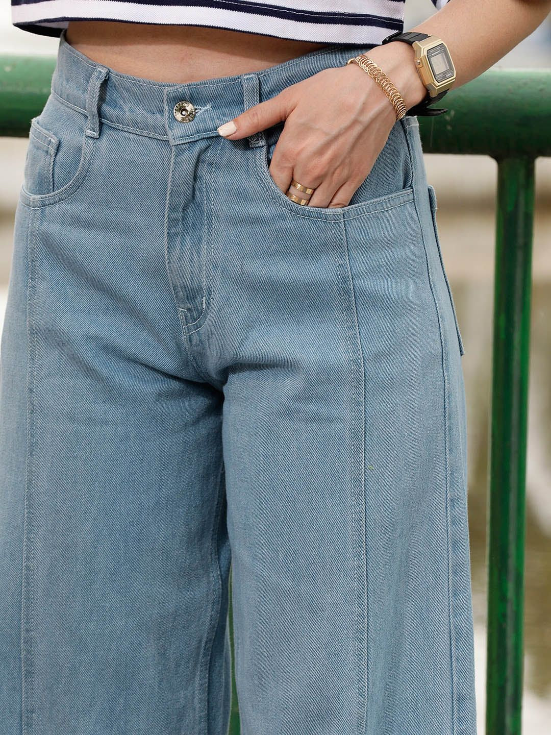 STREET 9 Women Blue Urban Wide Leg Pure Cotton Jeans - Image 4