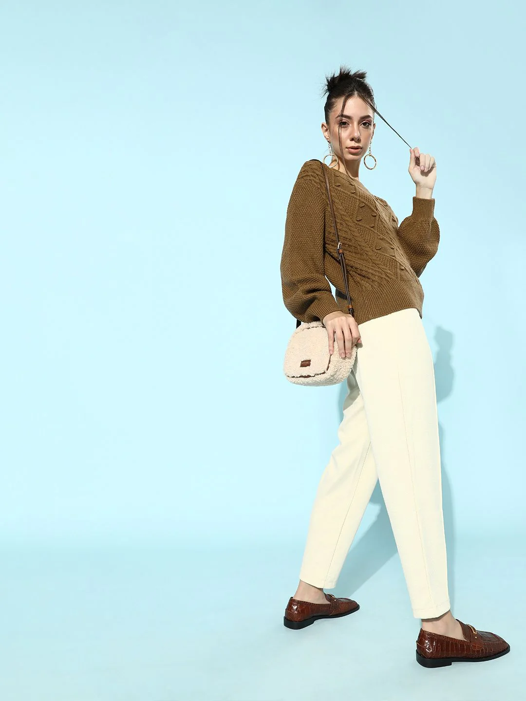STREET 9 Women Brown Cable Knit Acrylic Pullover - Image 2