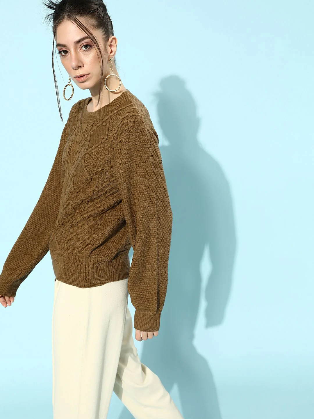 STREET 9 Women Brown Cable Knit Acrylic Pullover - Image 3