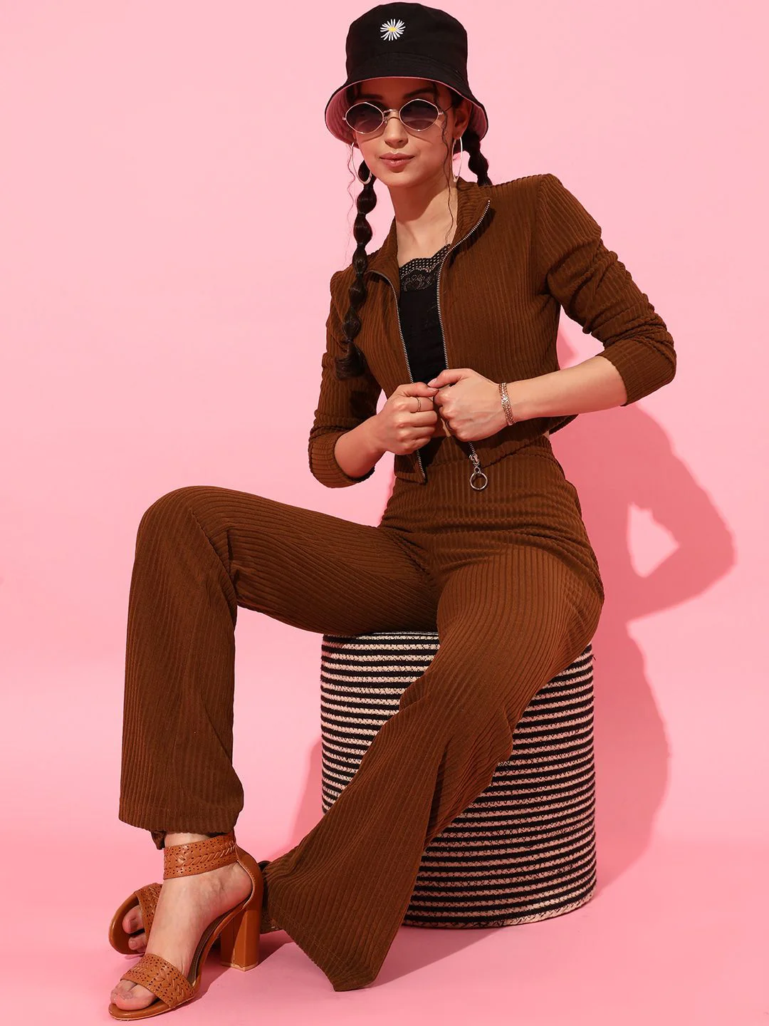 STREET 9 Women Brown Striped Crop Tailored Jacket - Image 4
