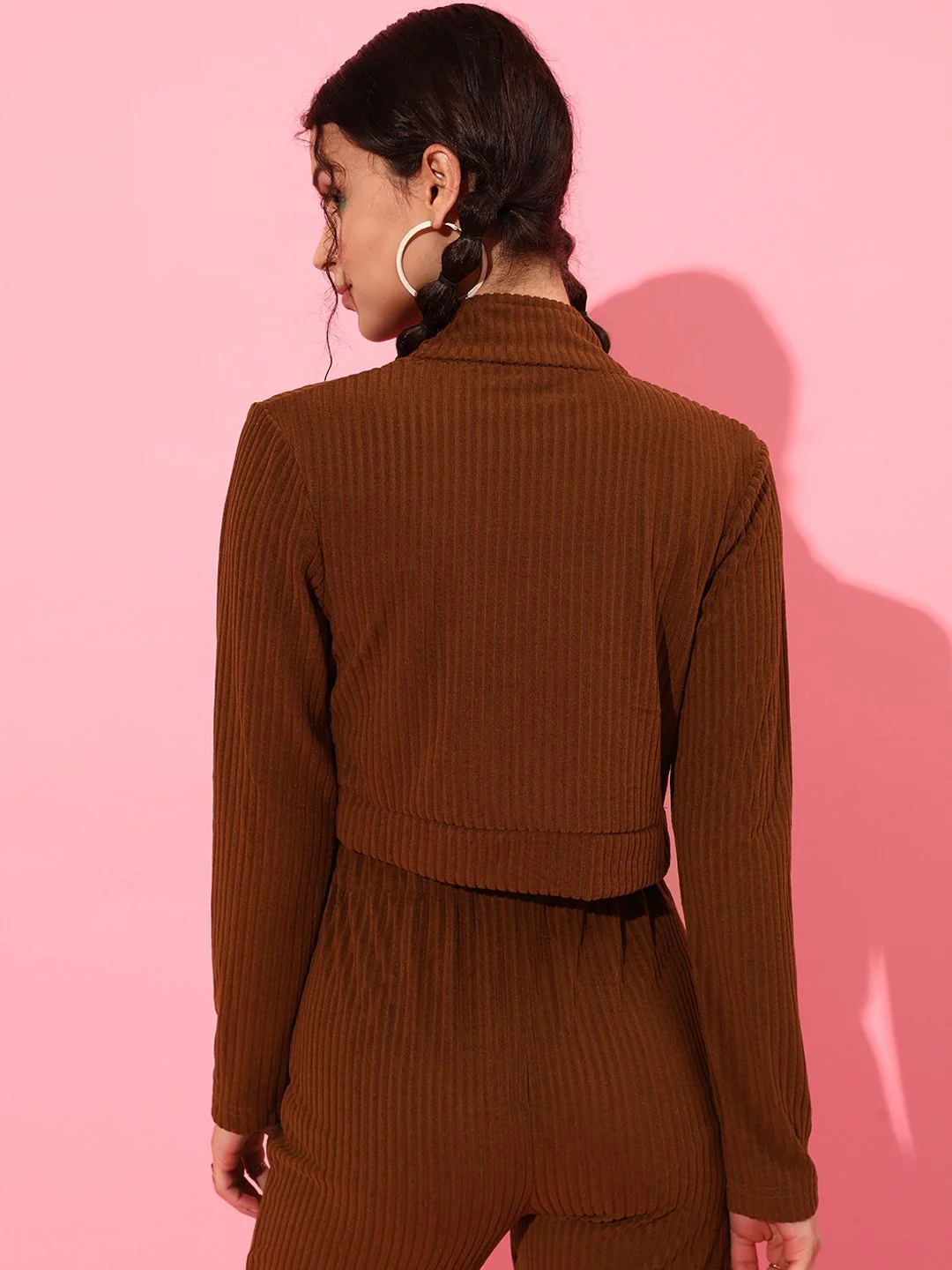 STREET 9 Women Brown Striped Crop Tailored Jacket - Image 5