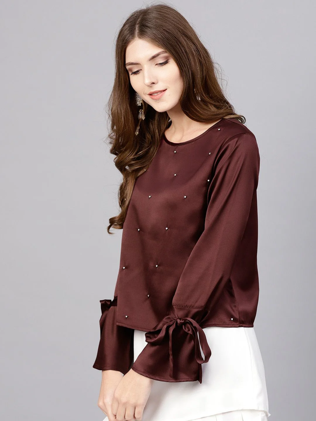 STREET 9 Women Burgundy Satin Embellished Top - Image 3