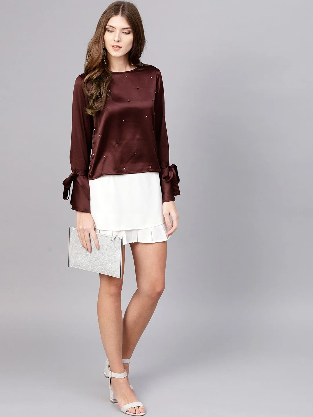 STREET 9 Women Burgundy Satin Embellished Top - Image 4