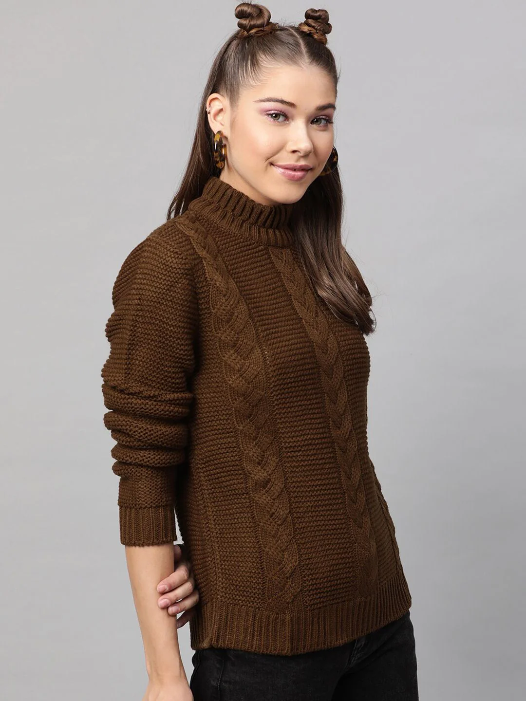 STREET 9 Women Coffee Brown Self Design Pullover Sweater - Image 3