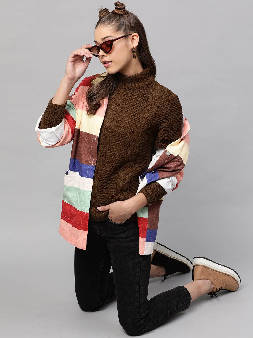 STREET 9 Women Coffee Brown Self Design Pullover Sweater - Image 4