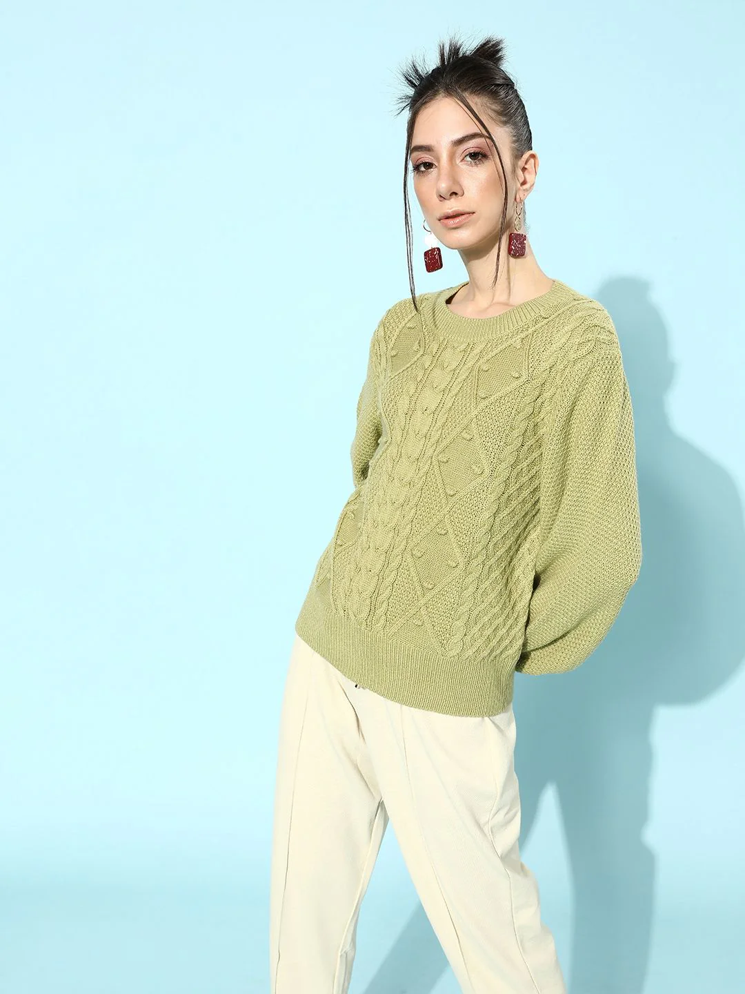 STREET 9 Women Green Cable Knit Acrylic Pullover - Image 3