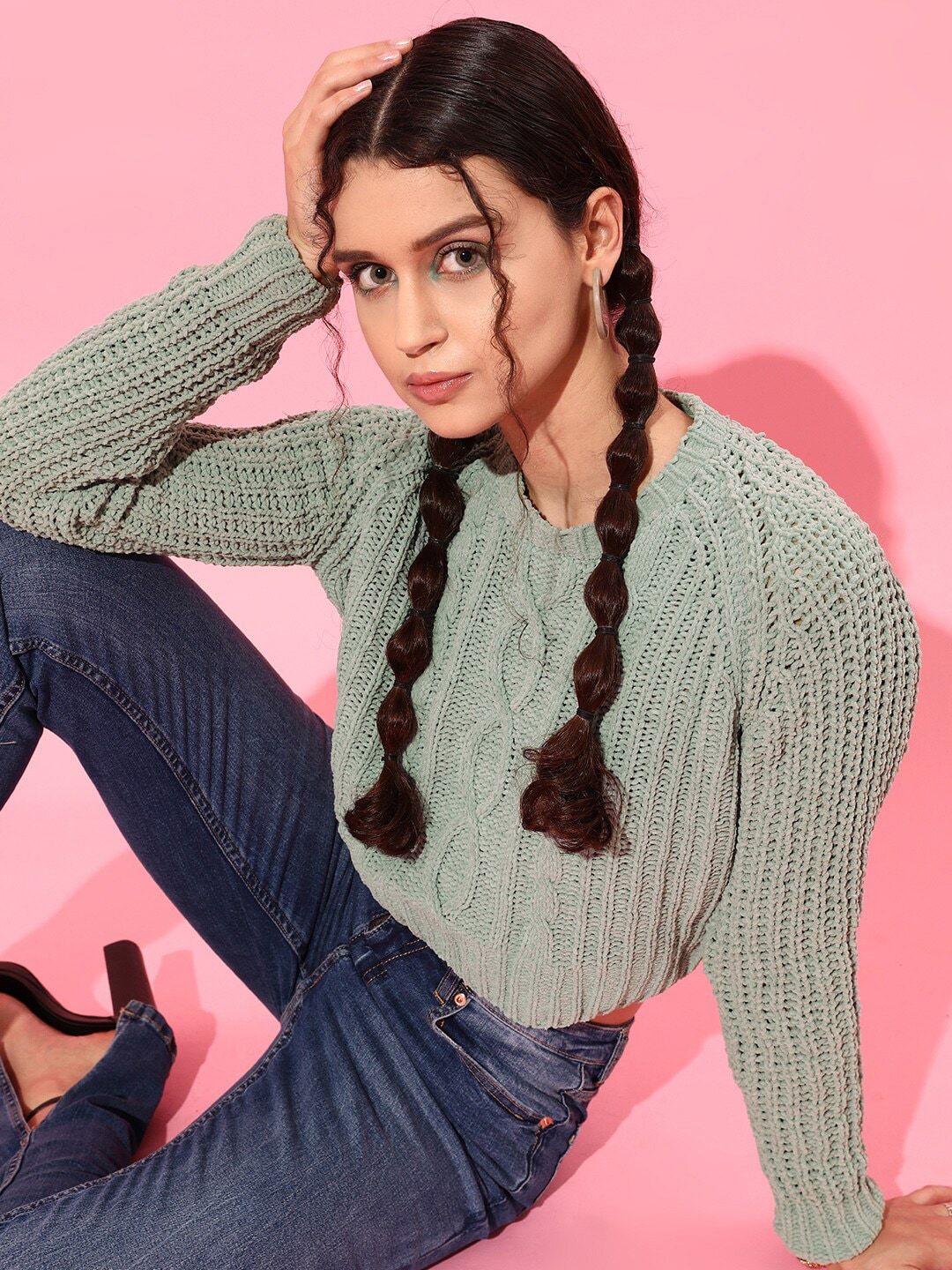 STREET 9 Women Green Cable Knit Acrylic Pullover - Image 6