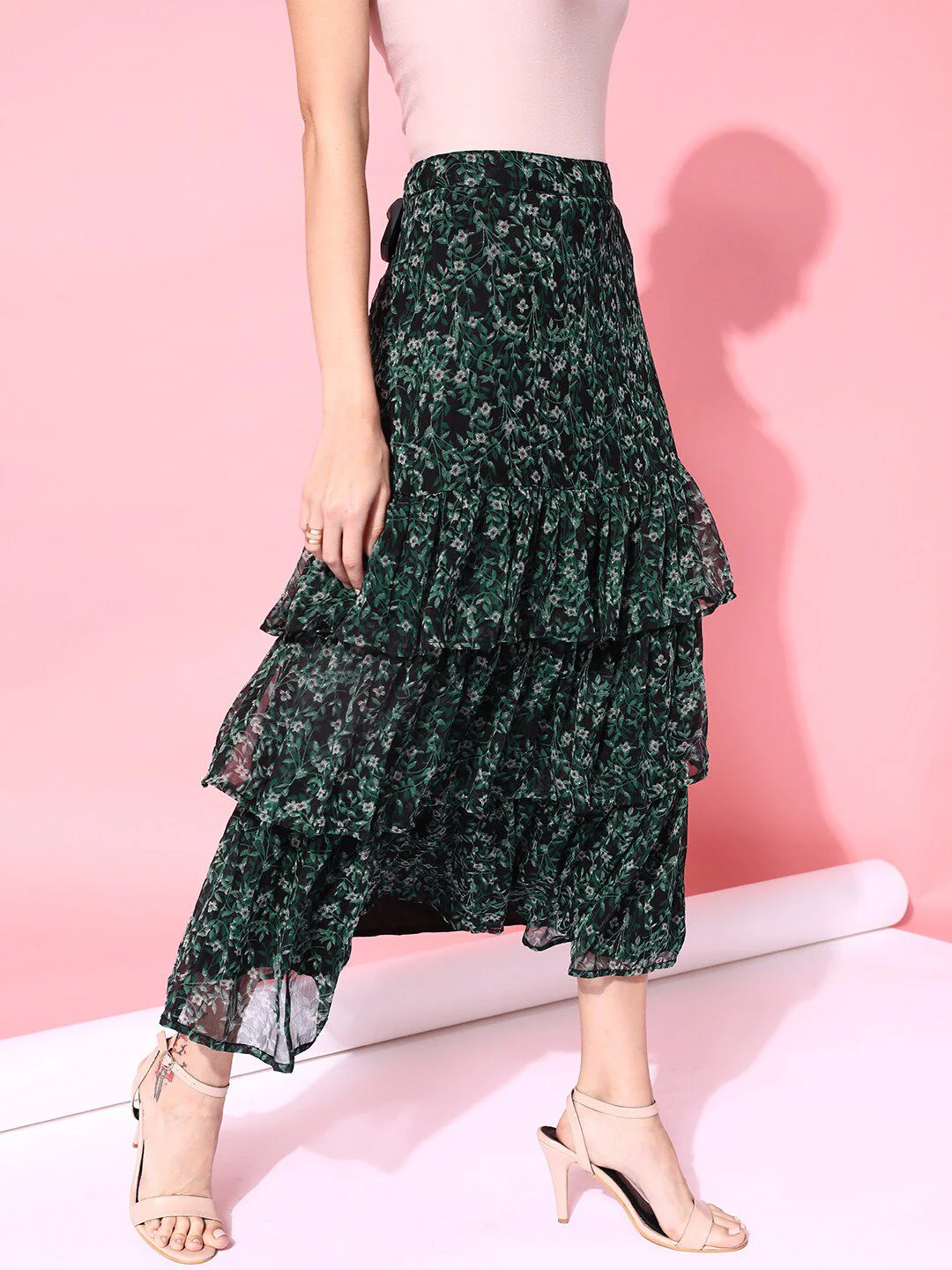 STREET 9 Women Green Printed Maxi Flared Skirt - Image 2