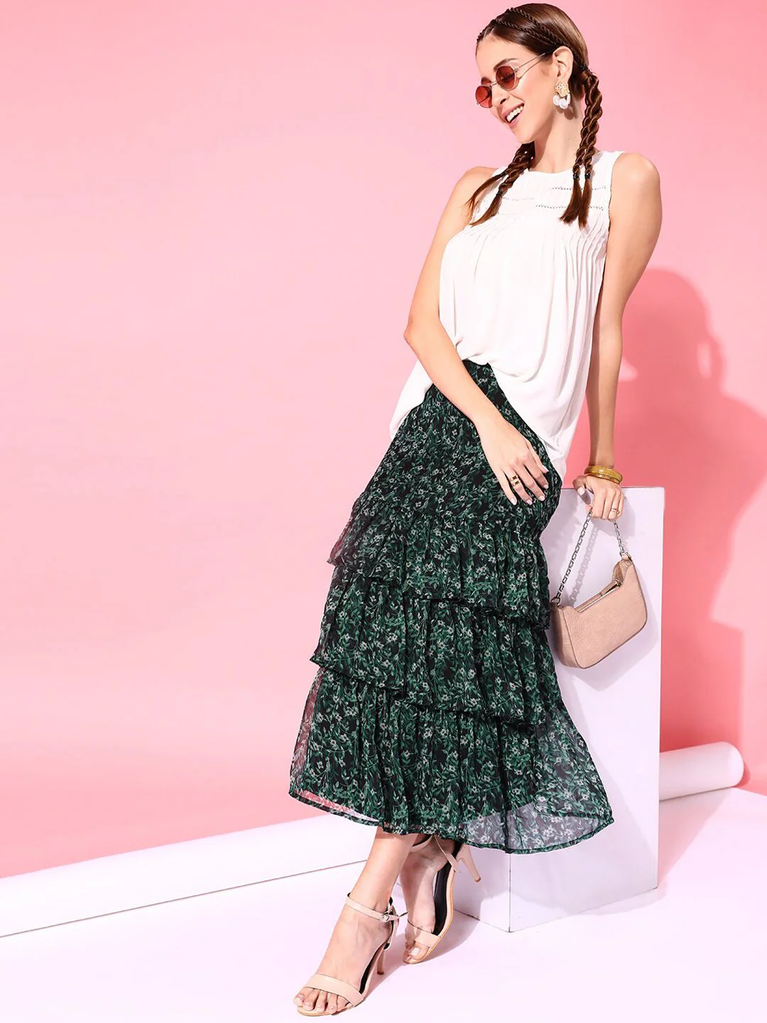 STREET 9 Women Green Printed Maxi Flared Skirt - Image 5