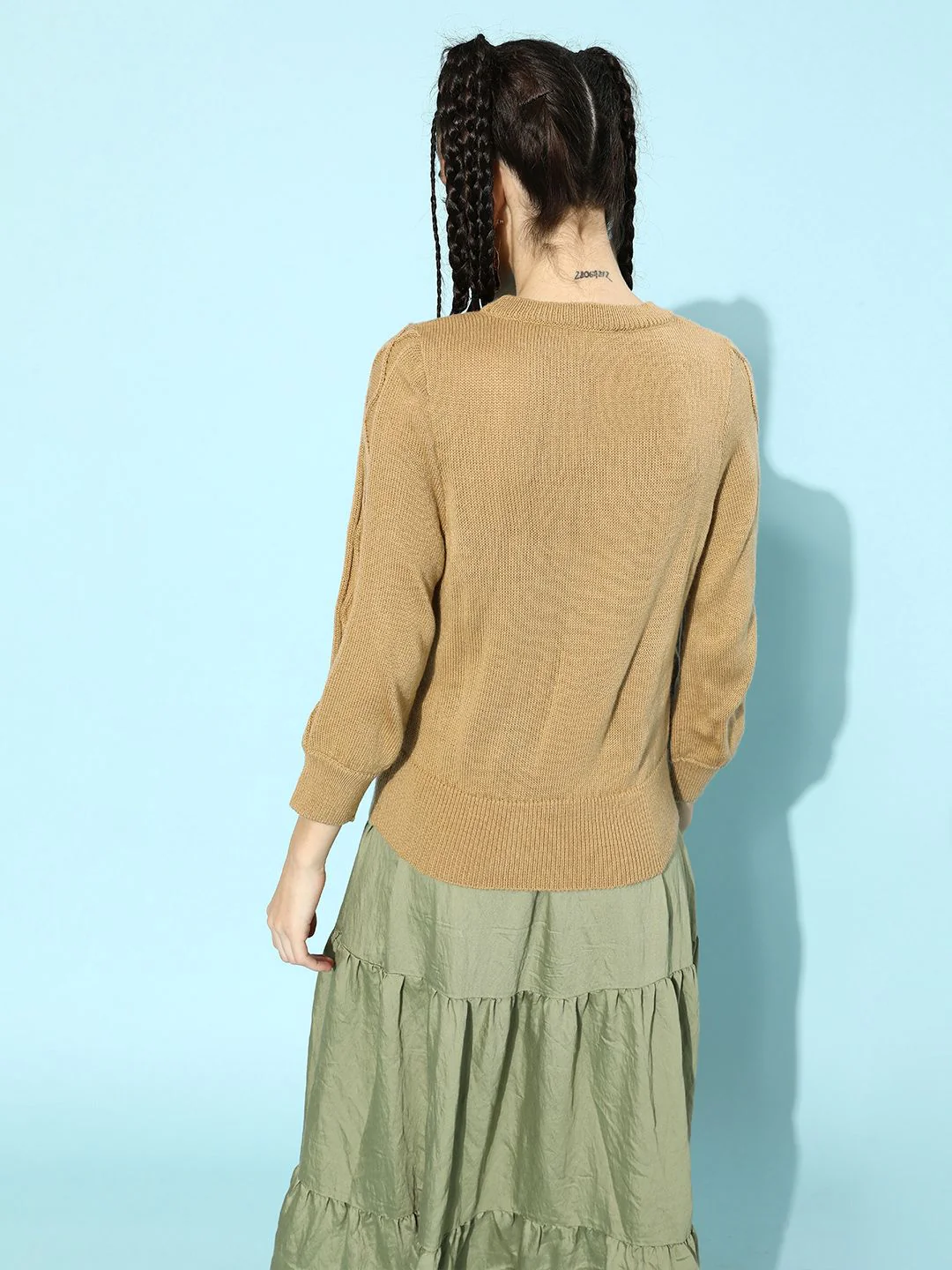 STREET 9 Women Khaki-Coloured Cable Knit Acrylic Pullover - Image 5