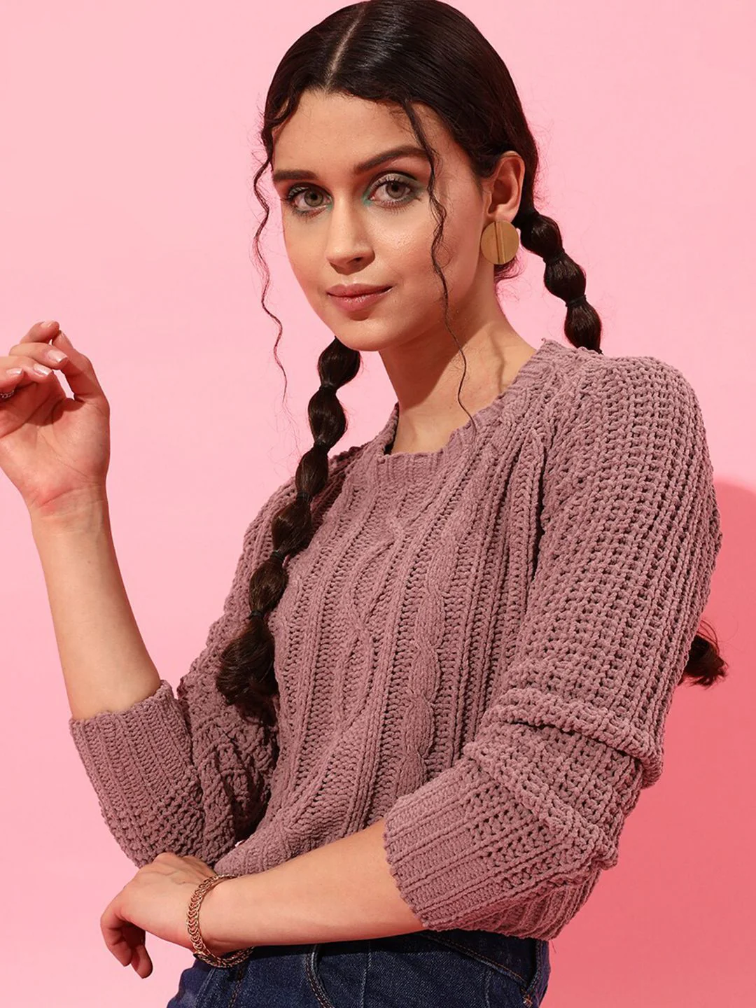 STREET 9 Women Mauve Cable Knit Sweater - Image 3