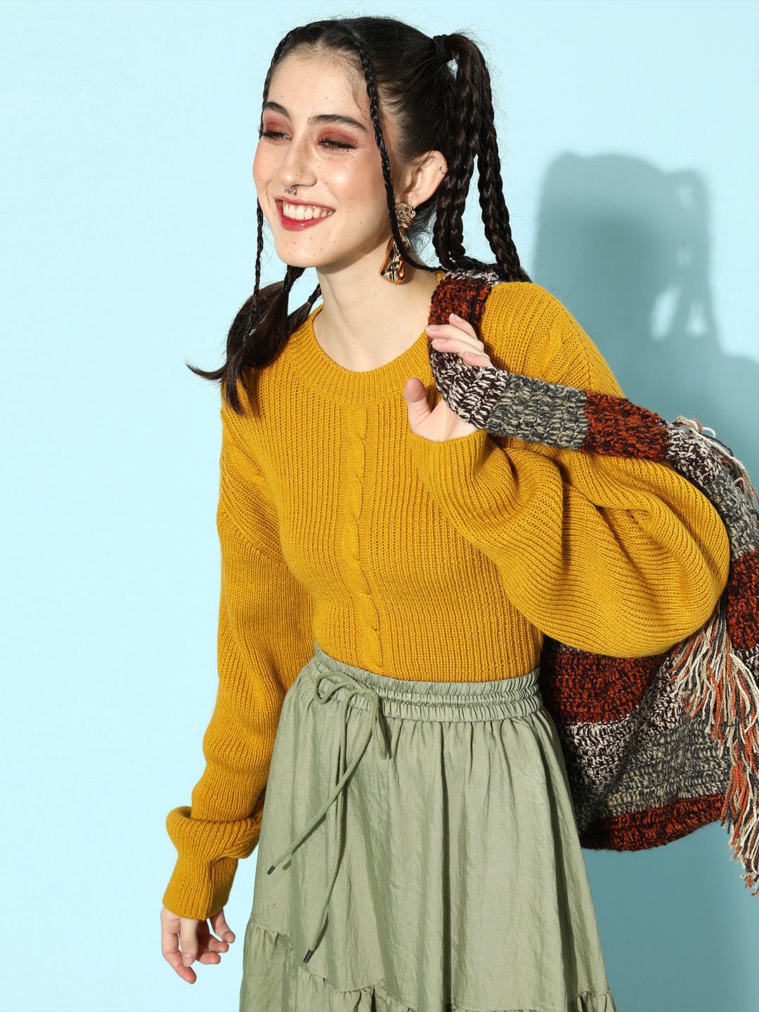 STREET 9 Women Mustard Yellow Acrylic Pullover