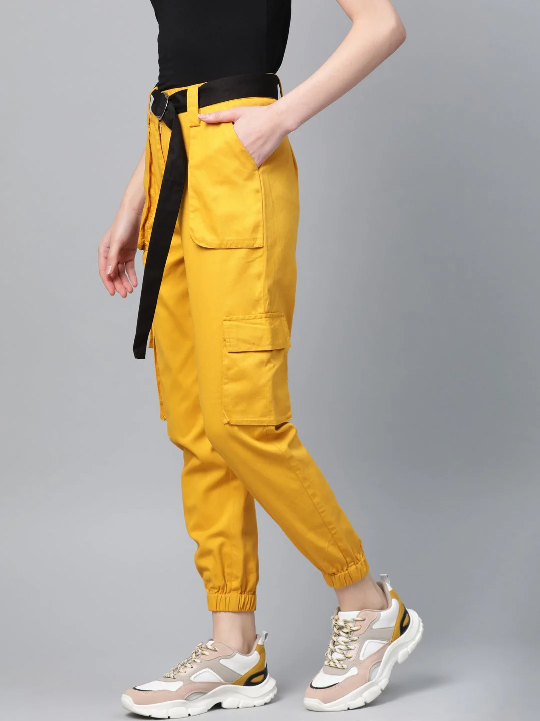 STREET 9 Women Mustard Yellow Regular Fit Solid Cargos - Image 2