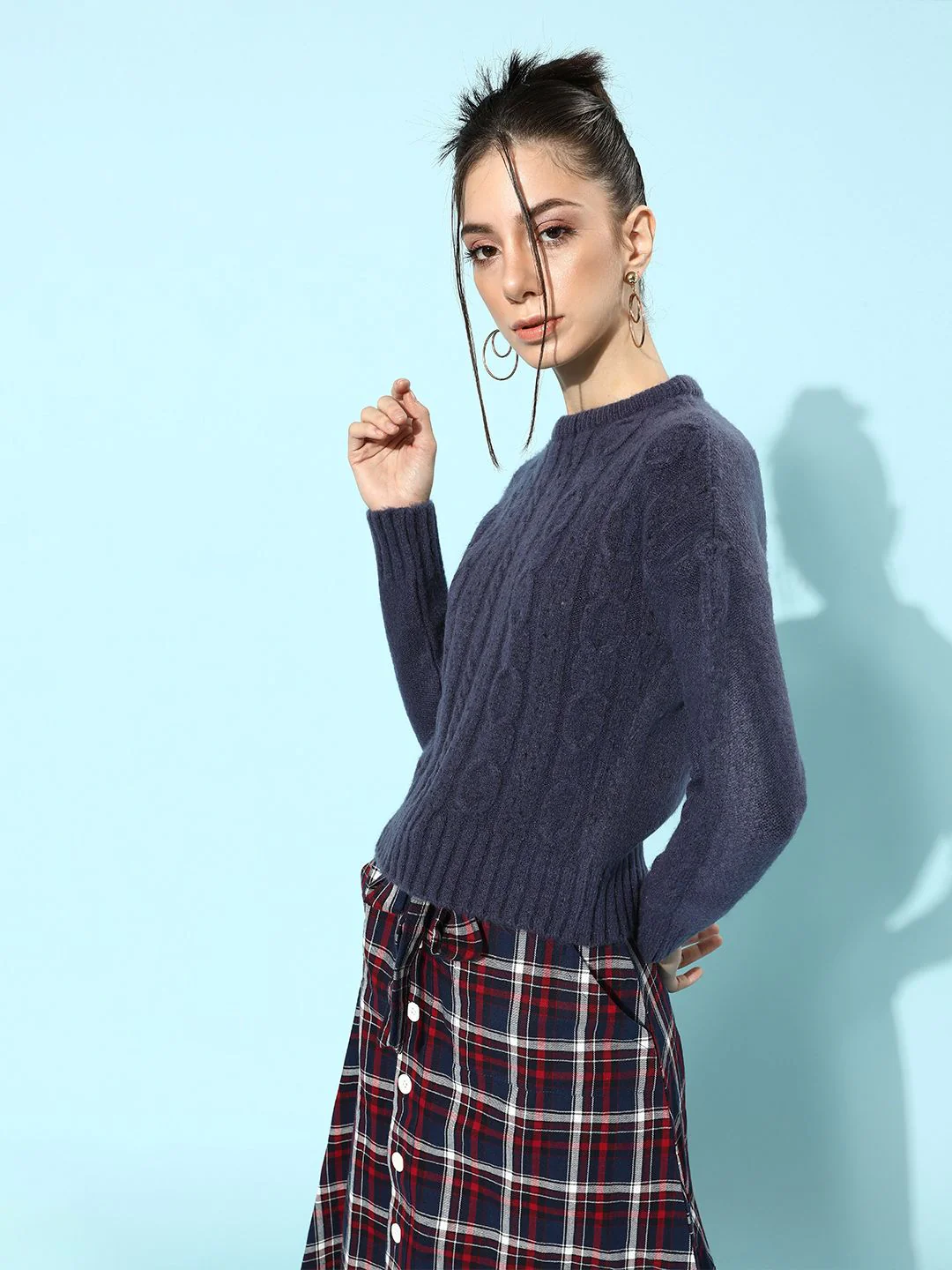 STREET 9 Women Navy Blue Cable Knit Acrylic Pullover - Image 3