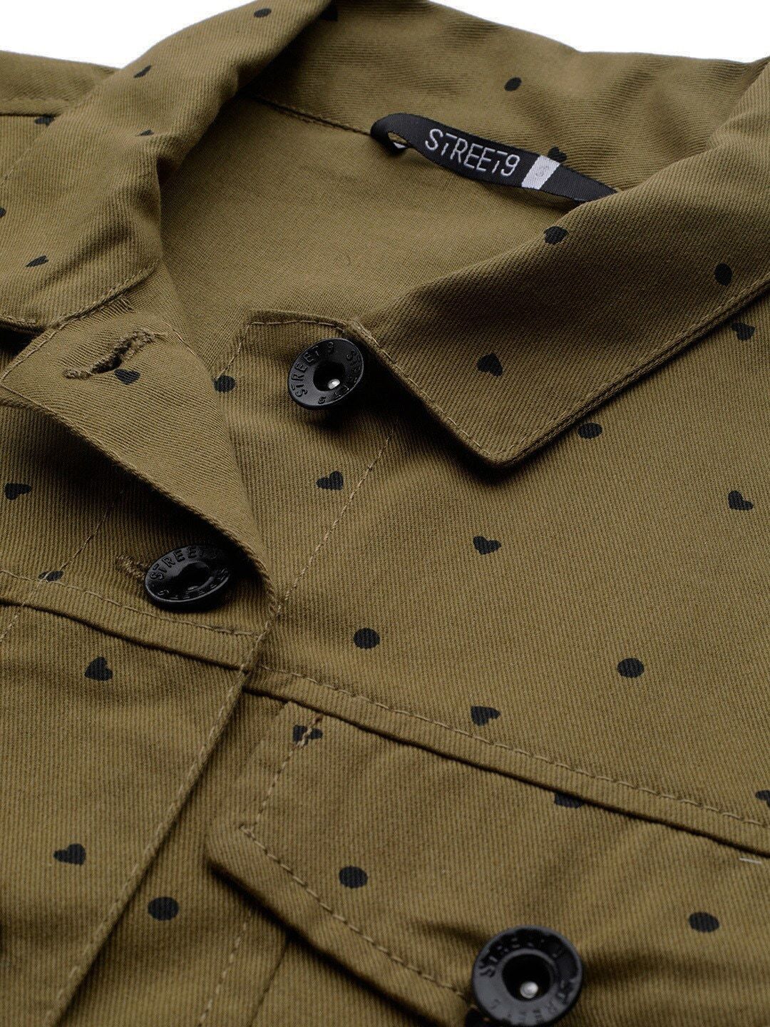 STREET 9 Women Olive Green & Black Printed Lightweight Cotton Crop Denim Jacket - Image 2