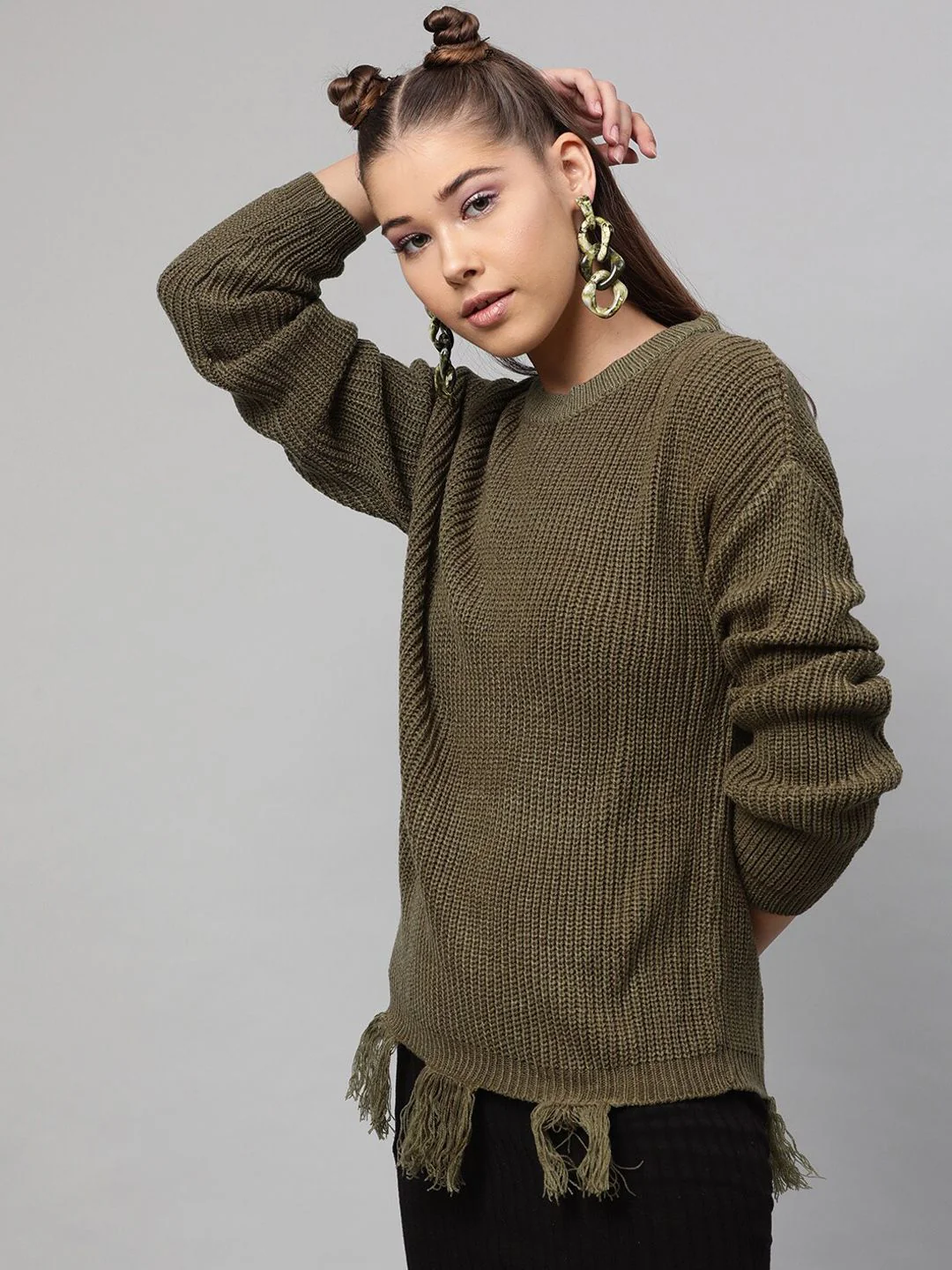 STREET 9 Women Olive Green Ribbed Acrylic Pullover Sweater - Image 3