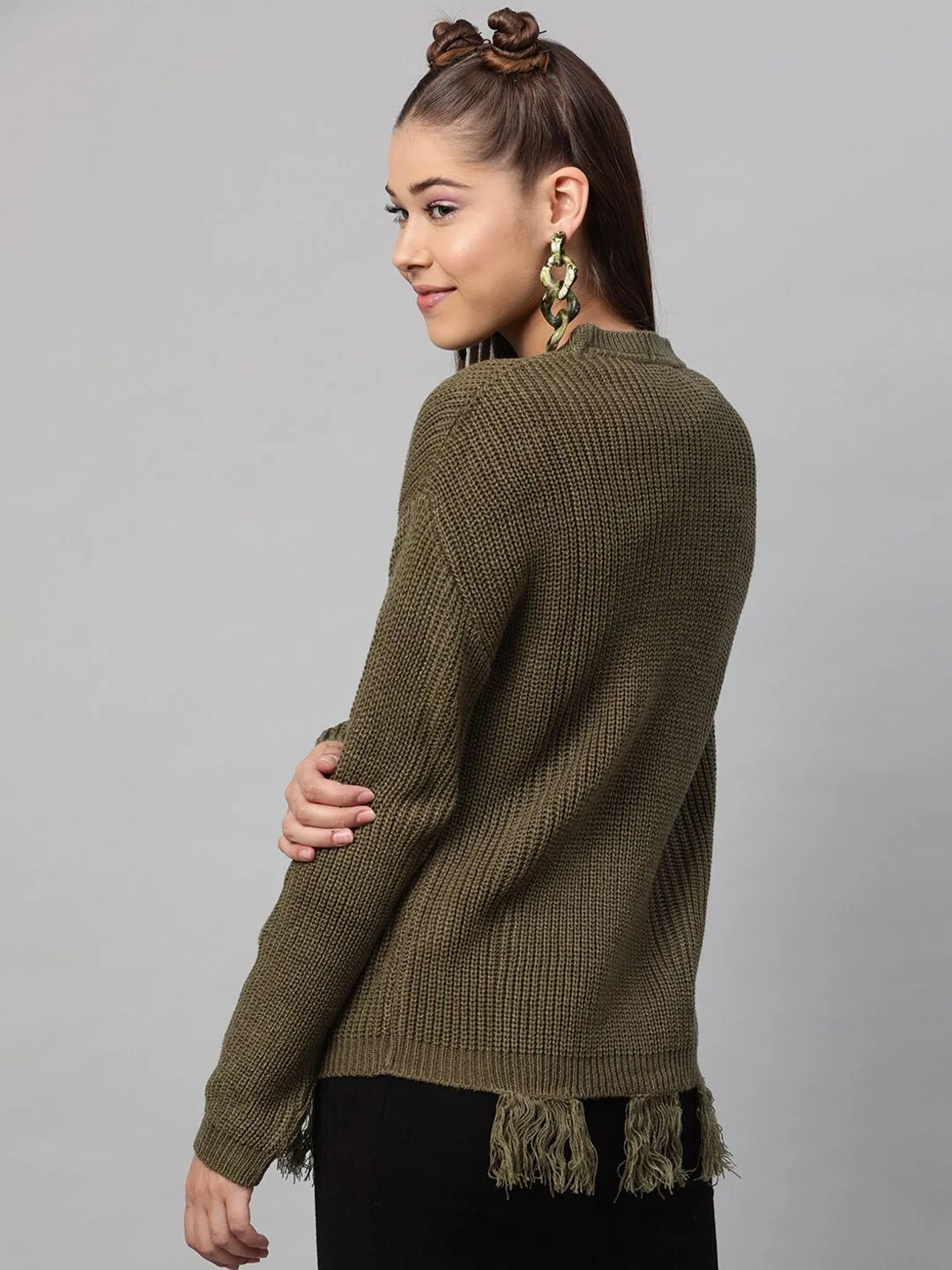 STREET 9 Women Olive Green Ribbed Acrylic Pullover Sweater - Image 5
