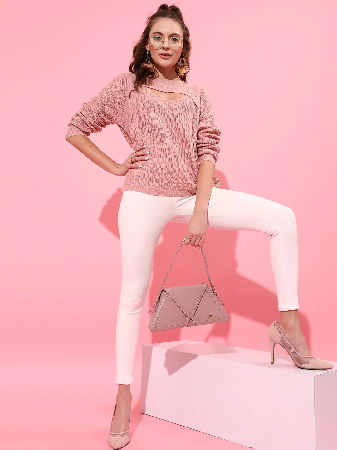 STREET 9 Women Peach-Coloured Cable Knit Longline Pullover - Image 4