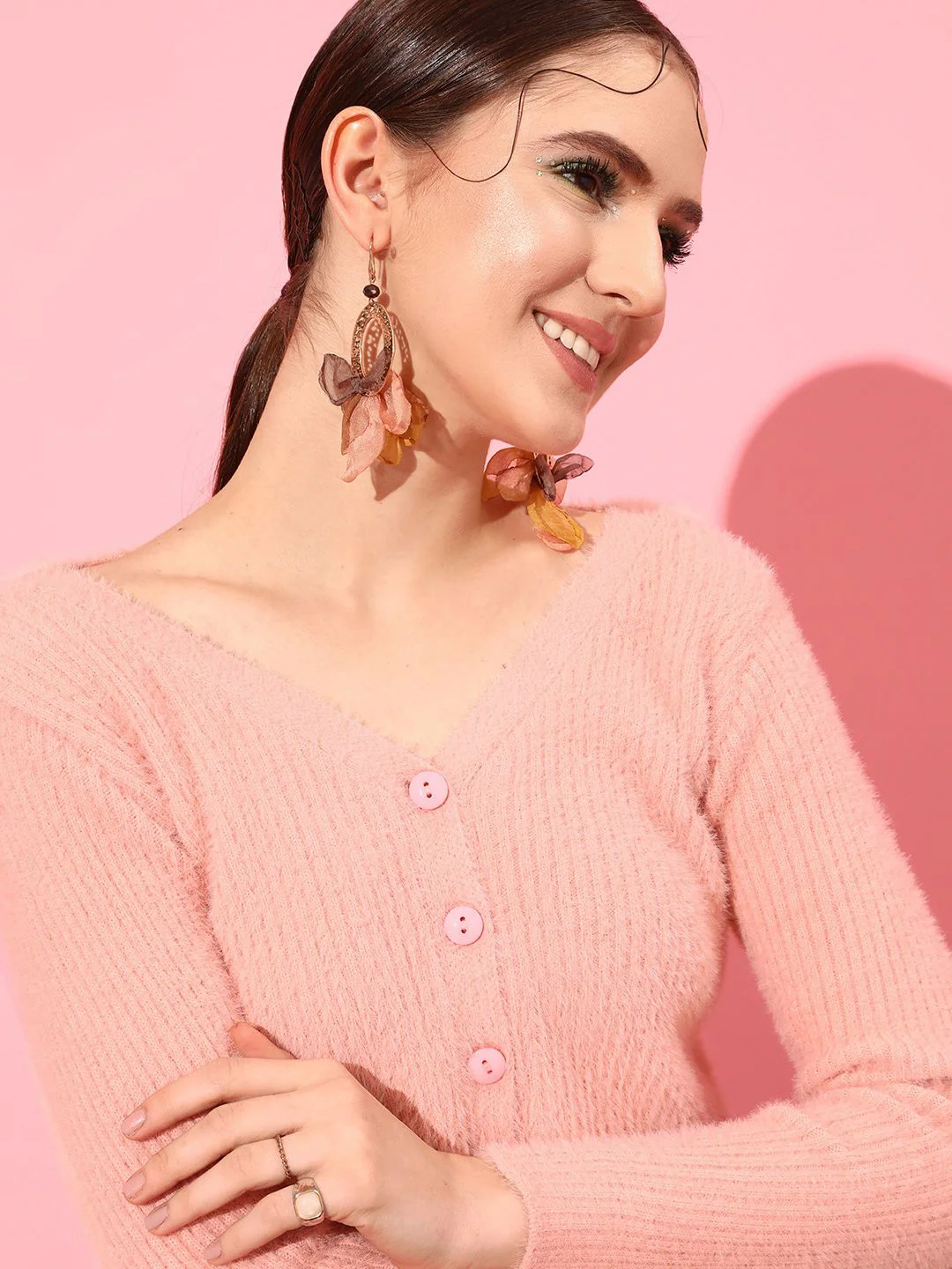 STREET 9 Women Peach-Coloured Ribbed Crop Cardigan - Image 2