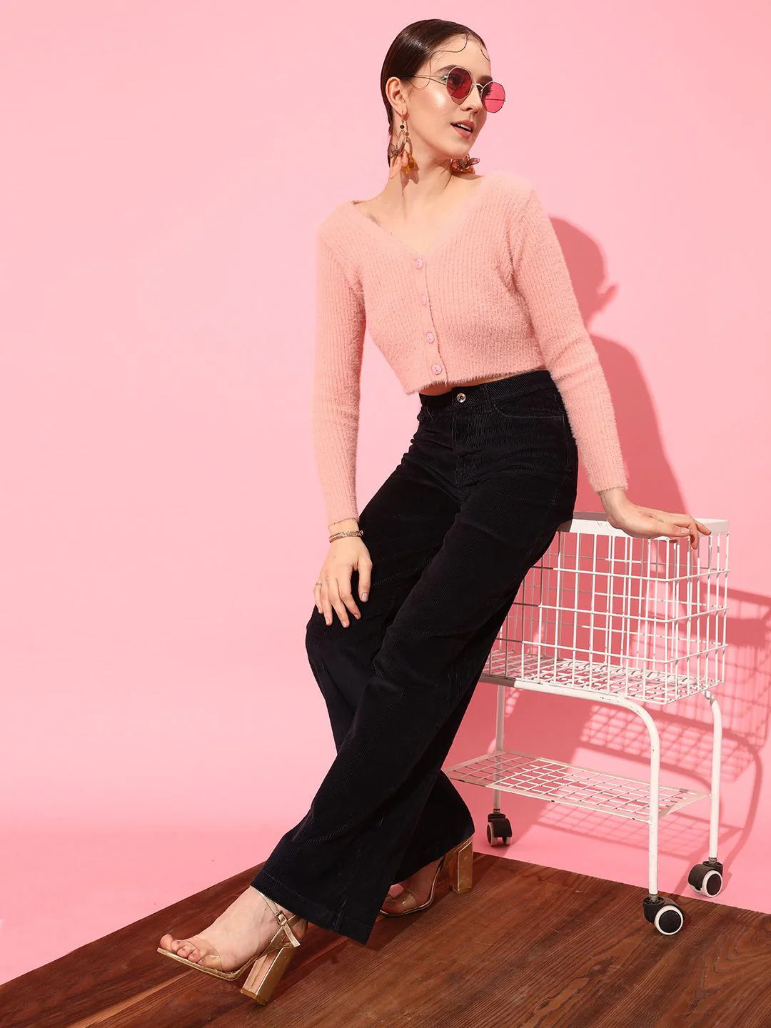 STREET 9 Women Peach-Coloured Ribbed Crop Cardigan - Image 4