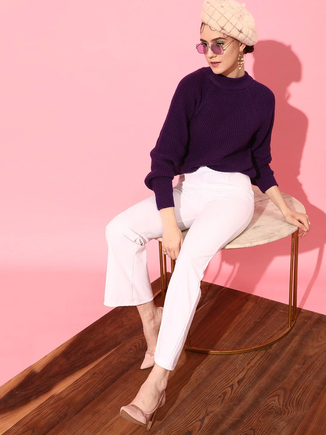 STREET 9 Women Purple Ribbed Long Sleeves Acrylic Pullover - Image 4