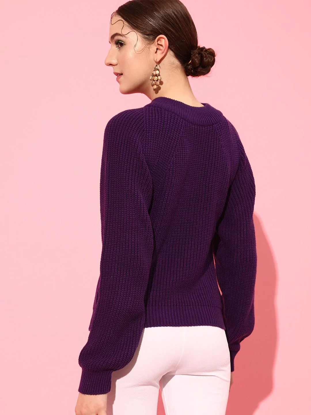 STREET 9 Women Purple Ribbed Long Sleeves Acrylic Pullover - Image 5