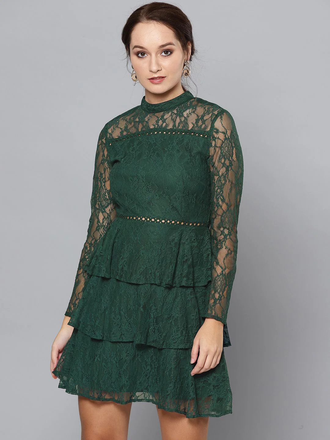 STREET 9 Women Teal Green Lace Layered A-Line Dress - Image 3
