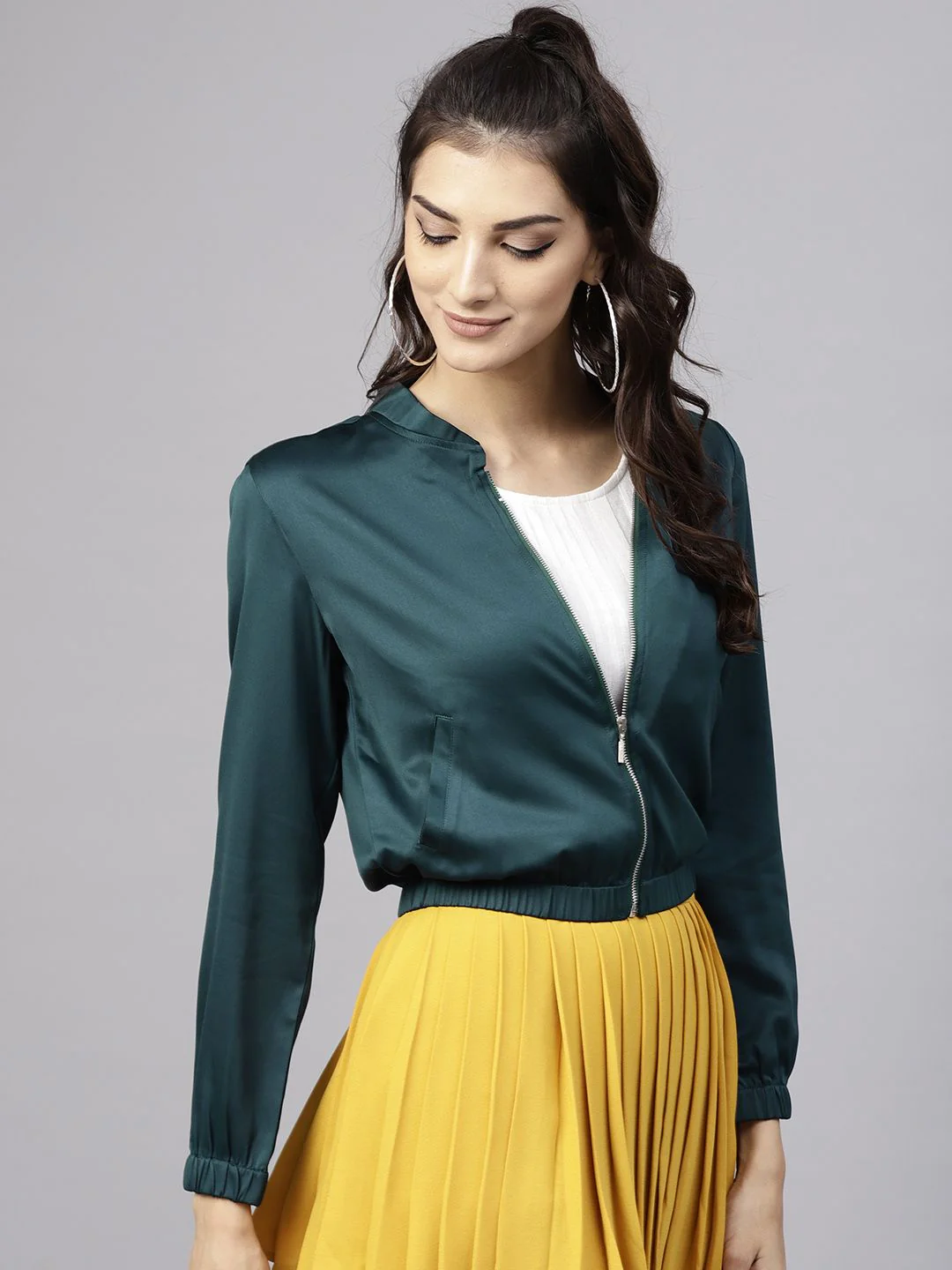 STREET 9 Women Teal Green Solid Satin Cropped Bomber Jacket - Image 5