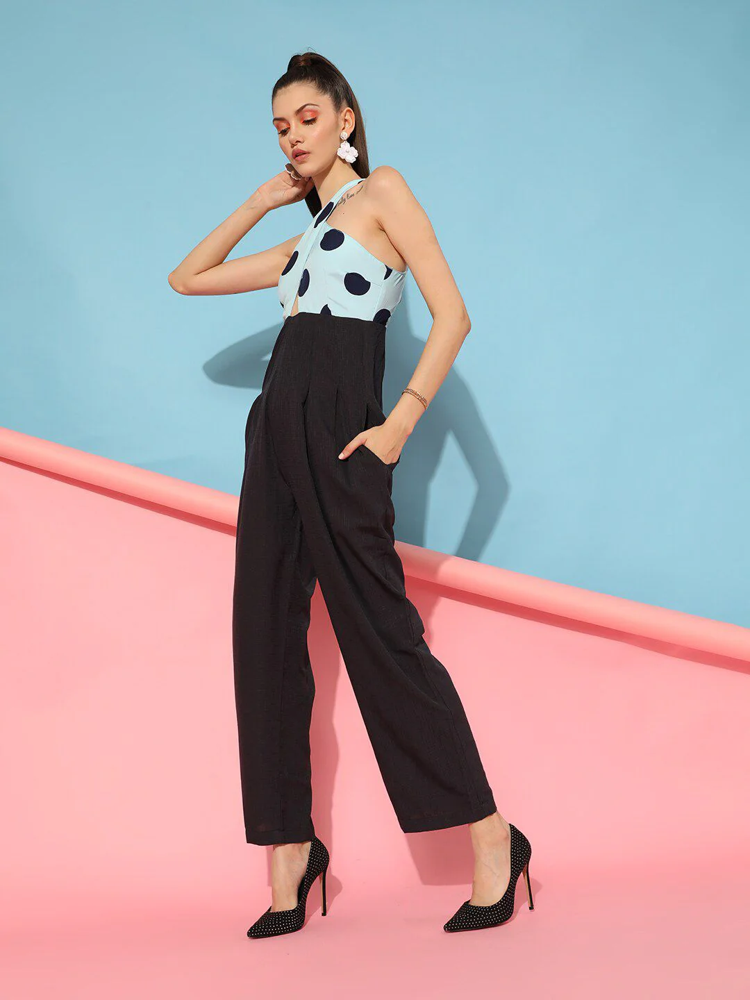 STREET 9 Women Turquoise Blue & Navy Printed Jumpsuit - Image 3