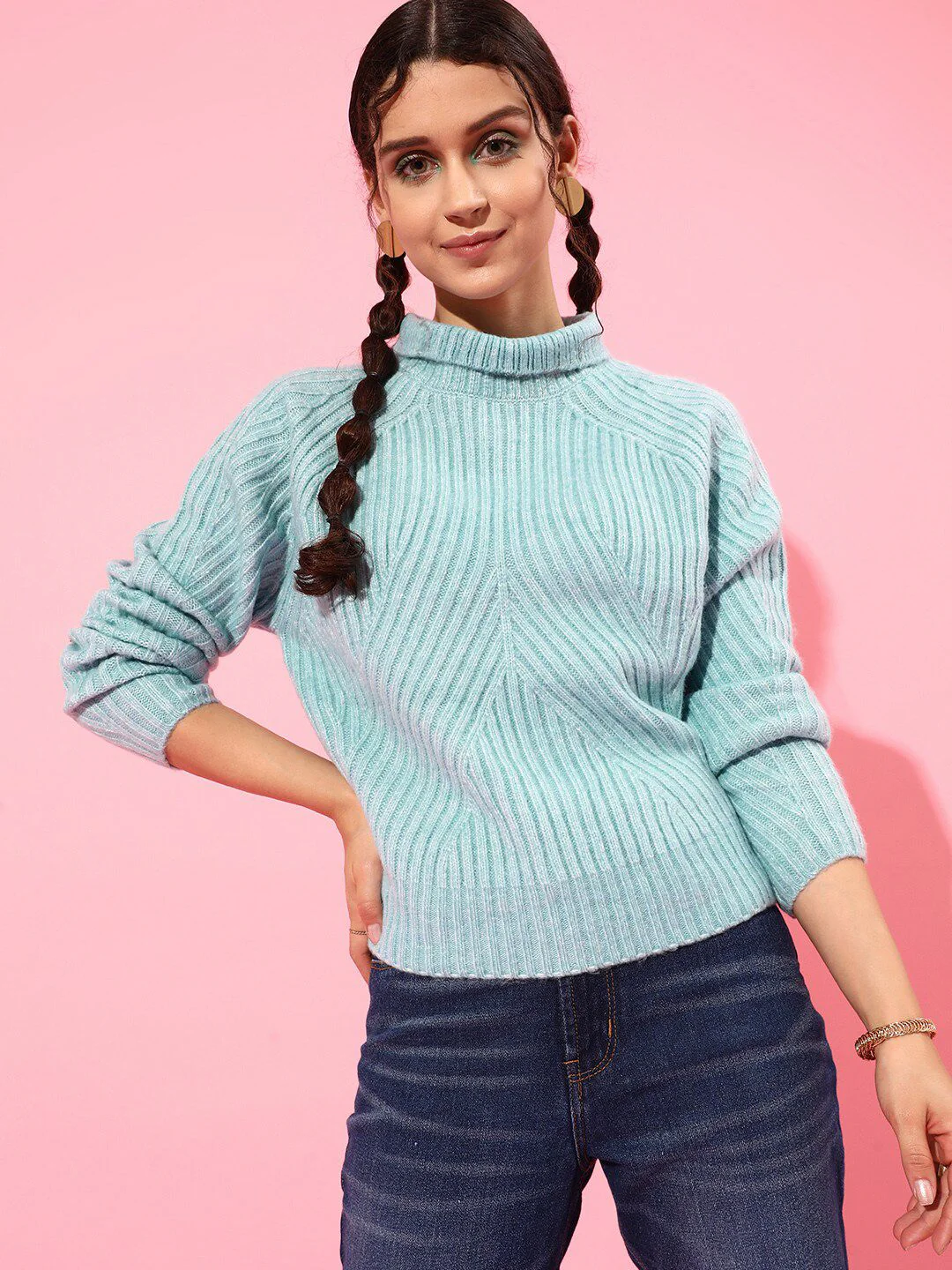 STREET 9 Women Turquoise Blue Striped Sweater - Image 6