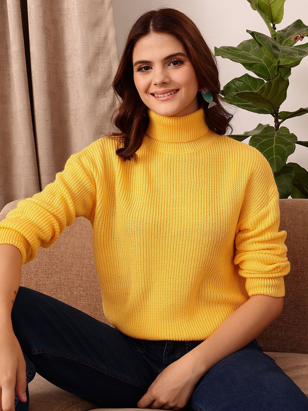 STREET 9 Yellow Ribbed Turtle Neck Acrylic Pullover Sweater - Image 6