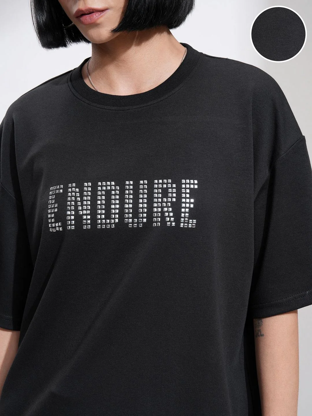 Street By Tokyo Talkies Women Solid Oversized Front Embellished T-Shirt - Image 2