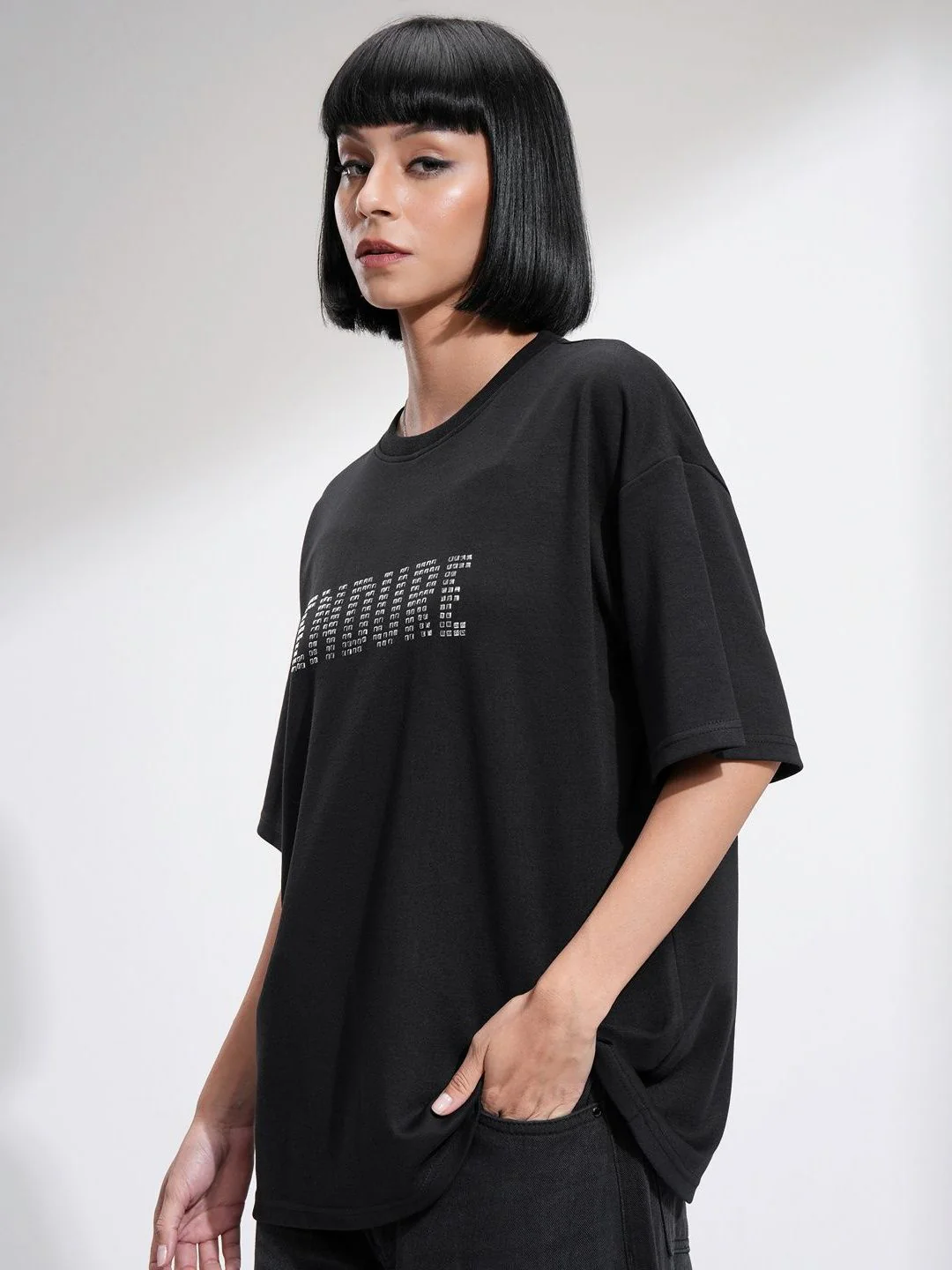 Street By Tokyo Talkies Women Solid Oversized Front Embellished T-Shirt - Image 3