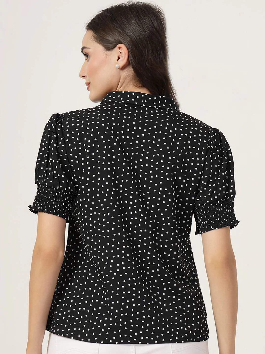 Style Quotient Polka Dot Print Tie-Up Neck Puff Sleeve Top - Image 5