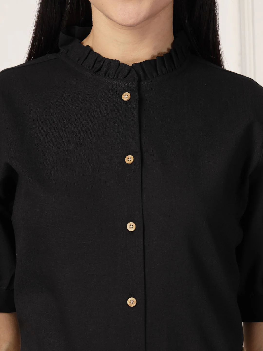 Style Quotient Smart Mandarin Collar Puff Sleeves Gathers Formal Cotton Shirt - Image 2