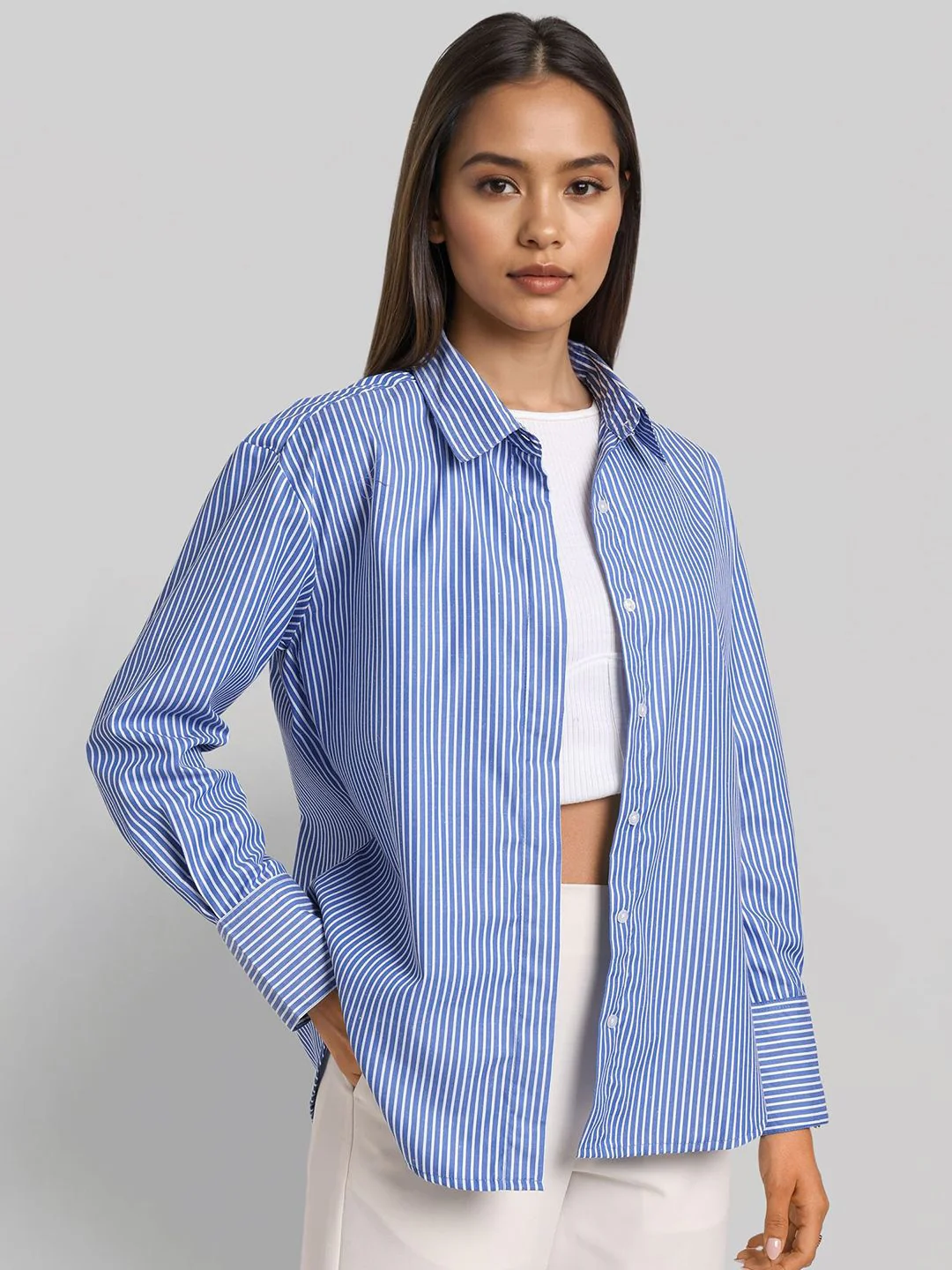 Style Quotient Women Smart Relaxed Fit Vertical Striped Spread Collar Casual Shirt - Image 3