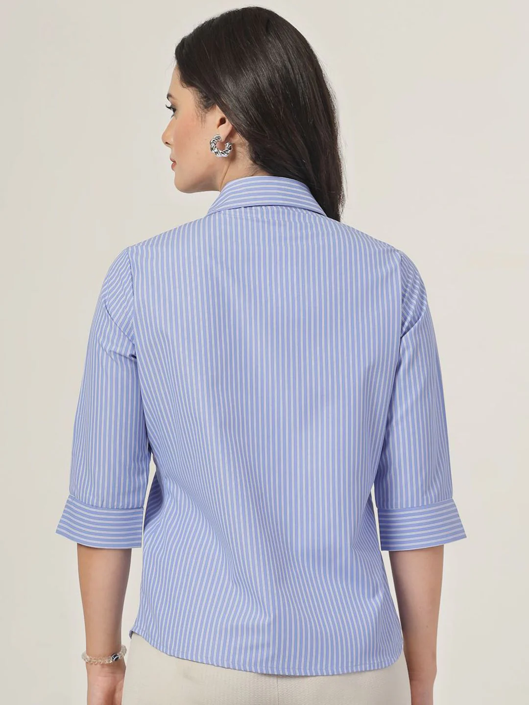 Style Quotient Women Smart Spread Collar Vertical Striped Formal Shirt - Image 5