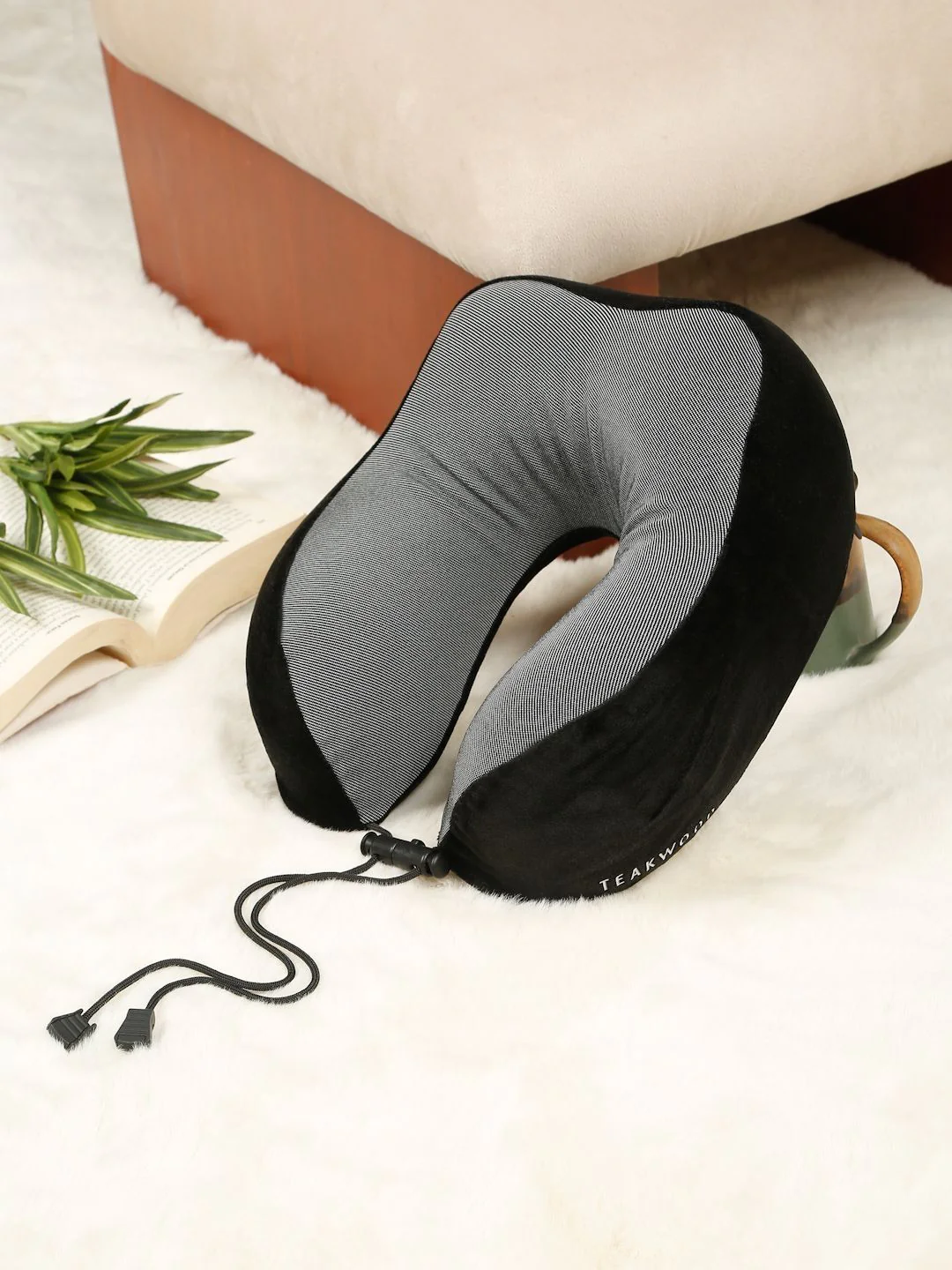 Teakwood Leathers Black Faux Velvet Breathable Travel Pillow