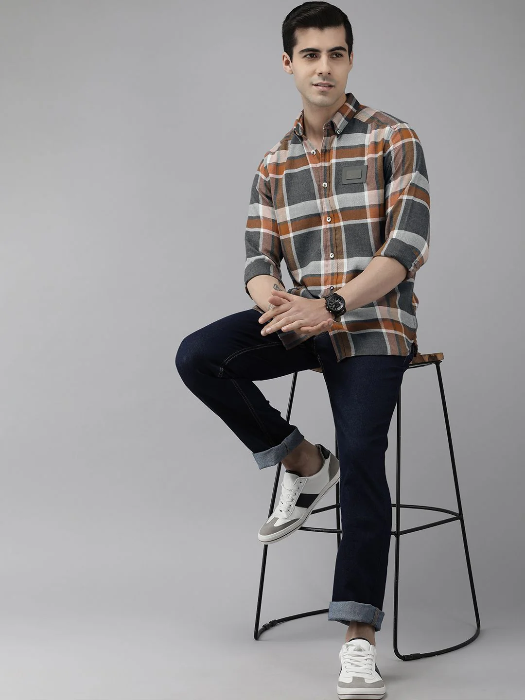THE BEAR HOUSE Ardor Edition Men Orange Slim Fit Tartan Checked Pure Cotton Casual Shirt - Image 6