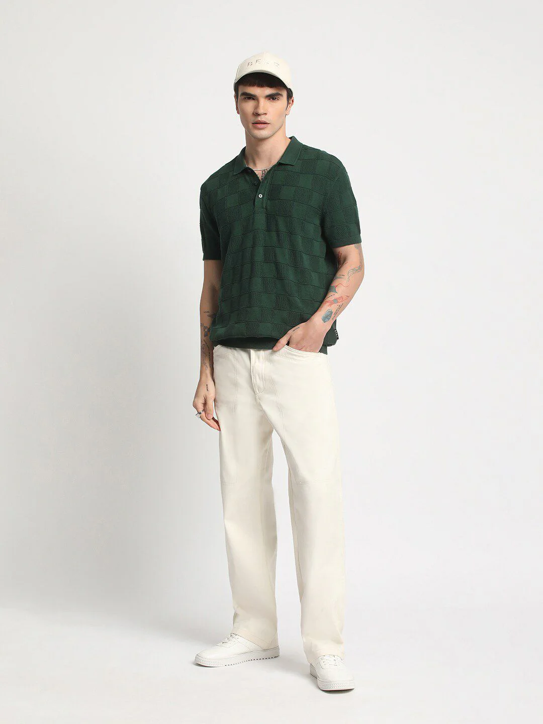THE BEAR HOUSE Checked Polo Collar Cotton T-shirt - Image 4