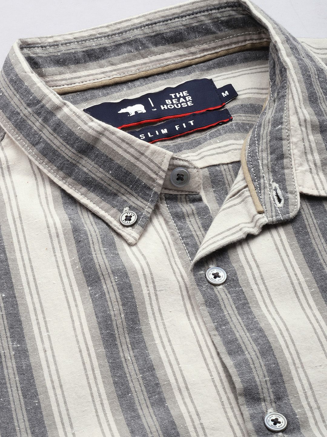 THE BEAR HOUSE Men Beige & Grey Slim Fit Striped Cotton Casual Shirt - Image 2