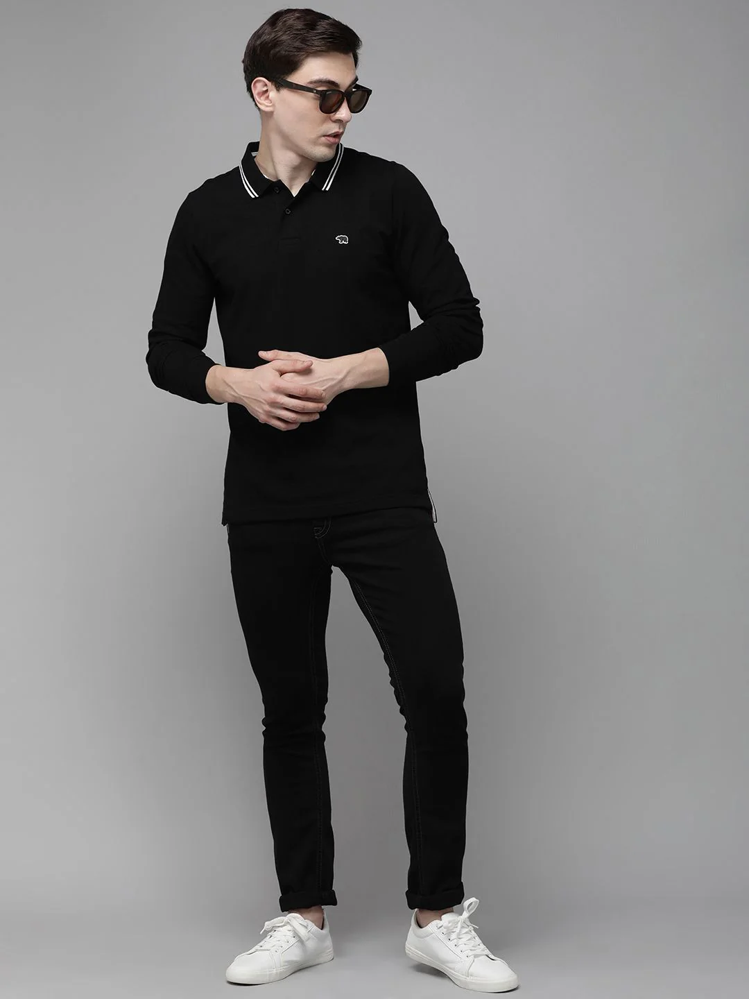 THE BEAR HOUSE Men Black Polo Collar with Tipping Pure Cotton Slim Fit T-shirt - Image 4