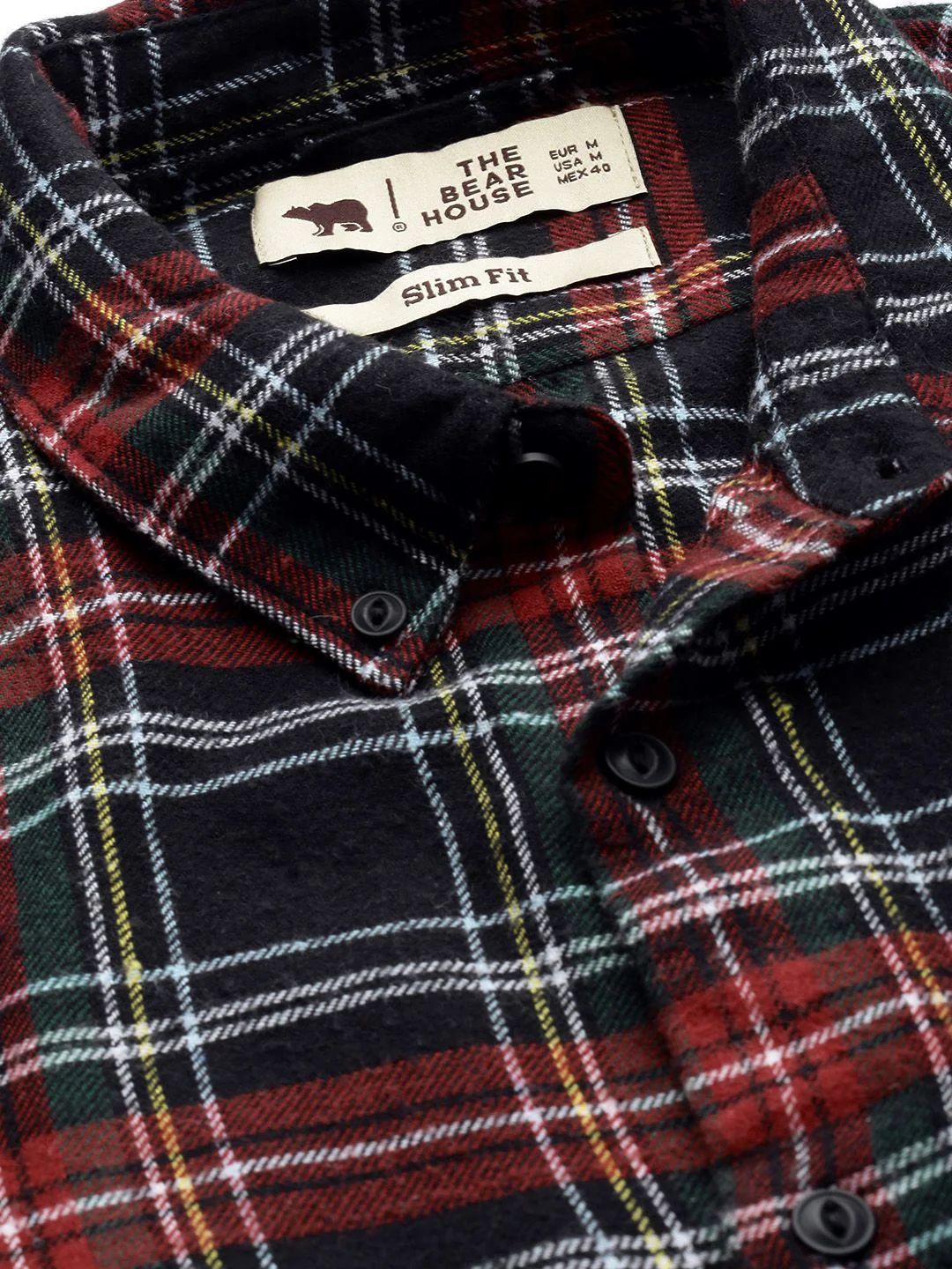 THE BEAR HOUSE Men Black & Red Slim Fit Tartan Checked Flannel Pure Cotton Casual Shirt - Image 2